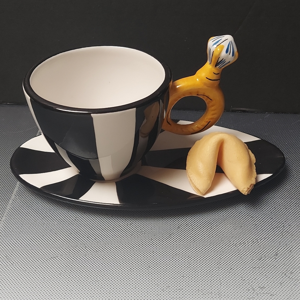 Cocktail cuties colorful cup saucer black white hand painted